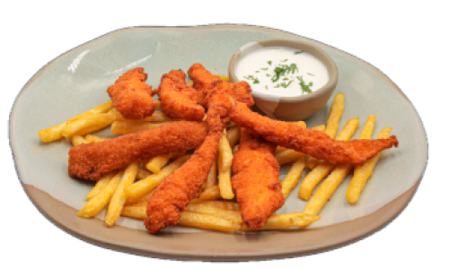 Хрупкави пилешки пръчици с пържени картофи / Crispy chicken sticks with fried potatoes